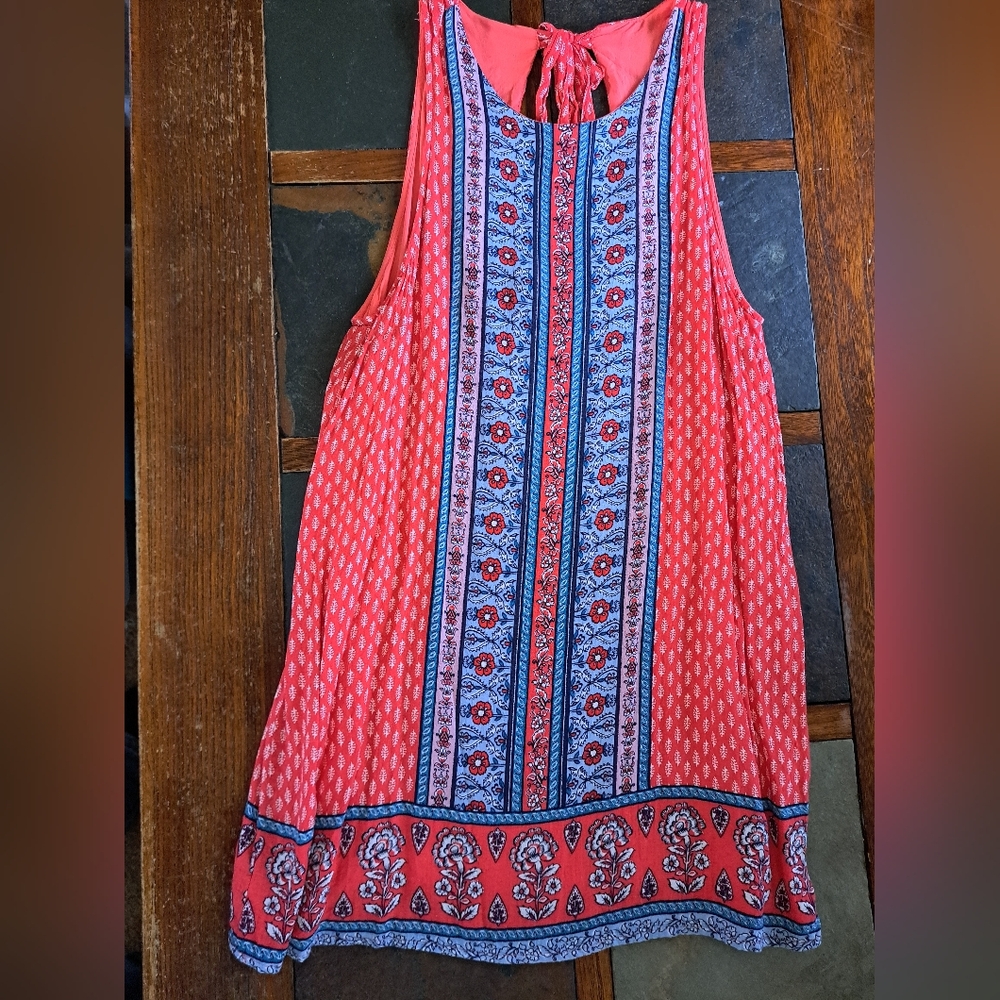 prince & fox red and blue boho dress w/ tie neck, floral pattern - Size Large